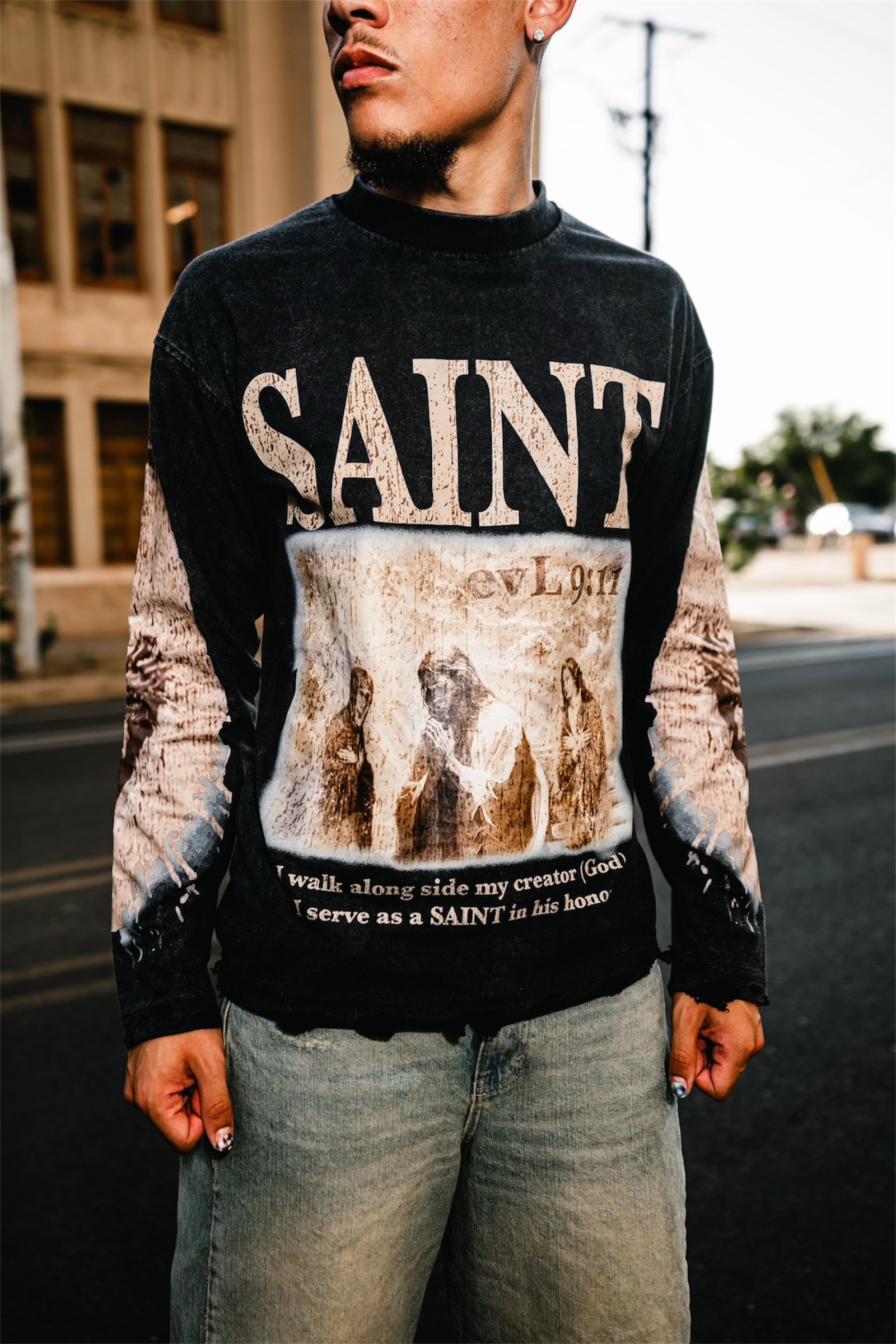 -SAINT Long Sleeve Distressed Shirt